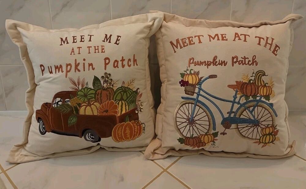 New Set of 2 Fall Autumn Farmhouse Throw Pillows Meet Me At The Pumpkin Patch...